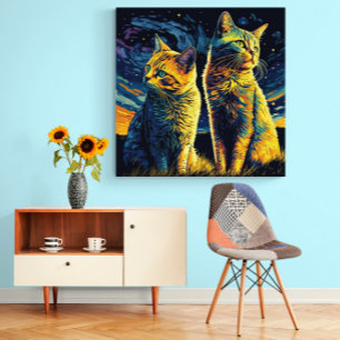 Cute Cats som njuter av gryningen mot en Starry Hi Canvastryck