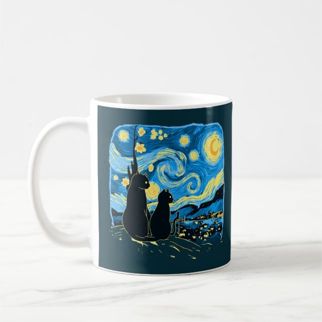 Cute Cats Starry Night Van Gogh Far Mor Son Kaffemugg (Vänster)