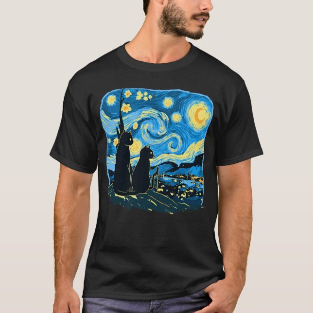 Cute Cats Starry Night Van Gogh Far Mor Son T Shirt (Framsida)