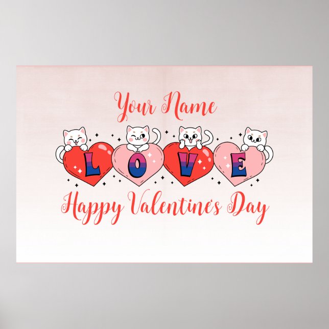 Cute Cats with hearties, Bisexual Flagga Färg Poster (Framsidan)