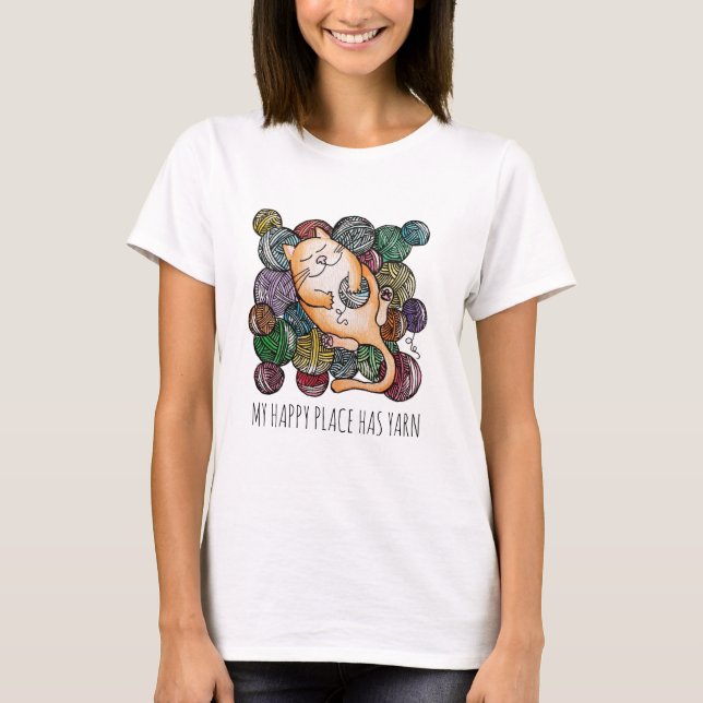 Cute Cat's Yarn Heaven Knitting Wool Knitters T Shirt (Framsida)