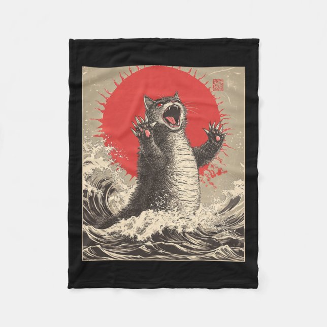 Cute Catzilla Cat japansk Art Funny Cat Fleecefilt (Framsidan)