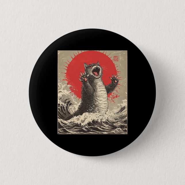 Cute Catzilla Cat japansk Art Funny Cat Knapp (Framsida)