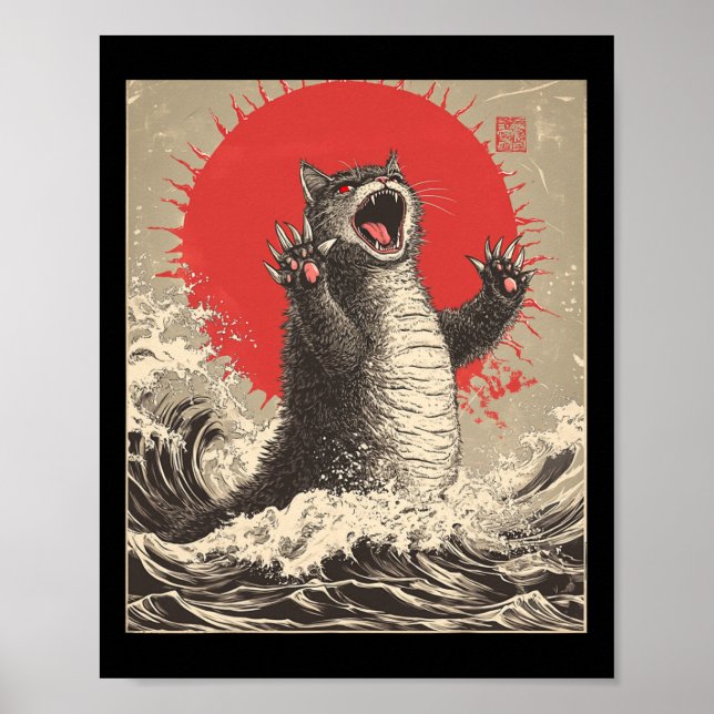 Cute Catzilla Cat japansk Art Funny Cat Poster (Framsidan)