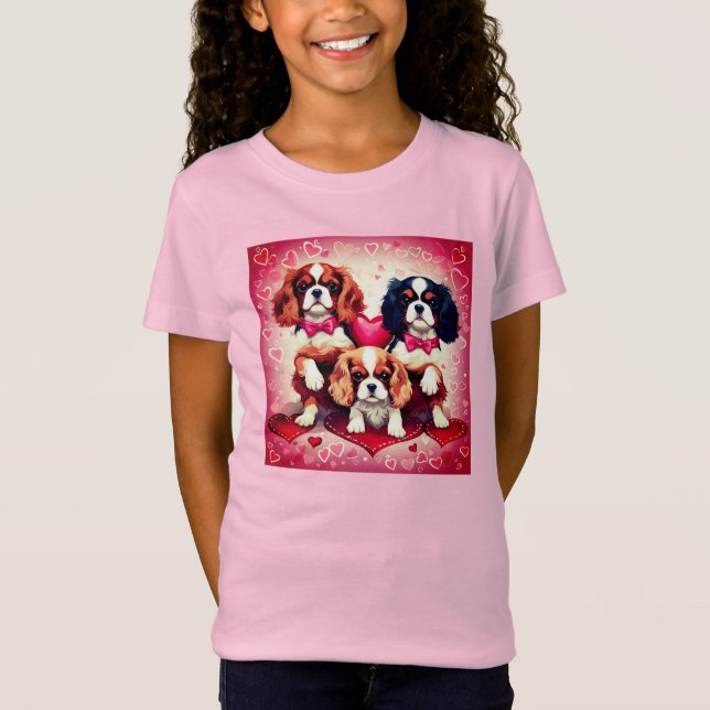 Cute Cavalier Heart Puppies Girls T-Shirt (Framsida)