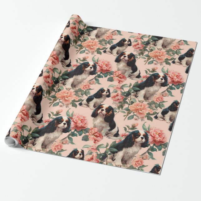 Cute Cavalier King Charles Floral Pattern Presentpapper (Utrullad)