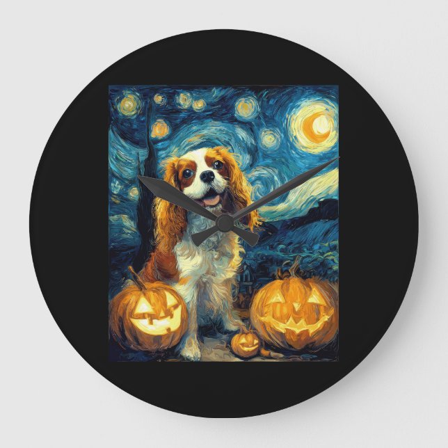 Cute Cavalier King Charles Spaniel Dog Halloween J Stor Klocka (Framsida)