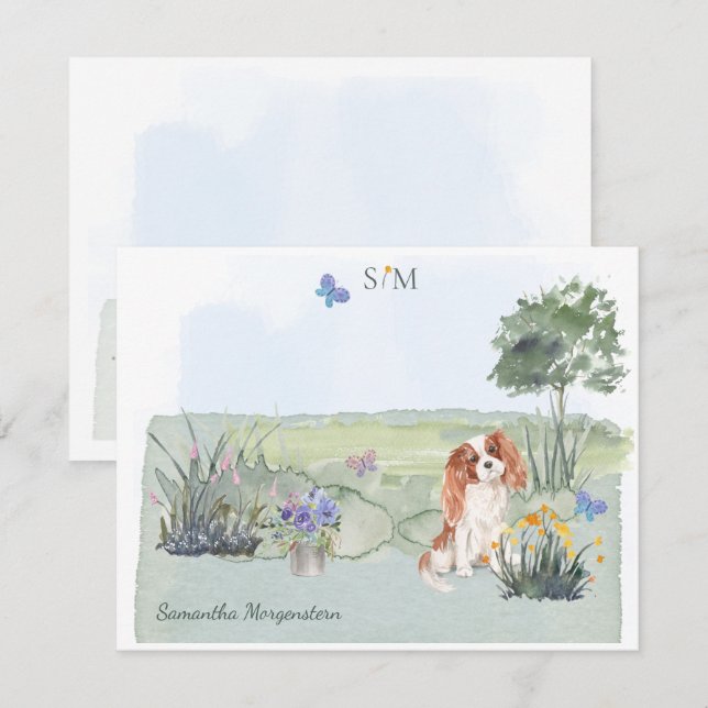 Cute Cavalier Kung Charles Hund Monogram Namn Anteckningskort (Fram/baksida)