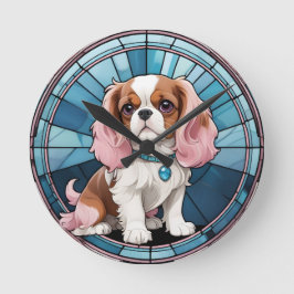 Cute Cavalier Kung Charles Pastel Stached Glass Rund Klocka