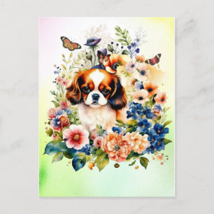 Cute Cavalier Kung Charles Puppy in Flowers Vykort