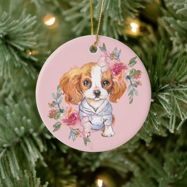Cute Cavalier Kung Charles Spain och Flowers Julgransprydnad Keramik (Träd)