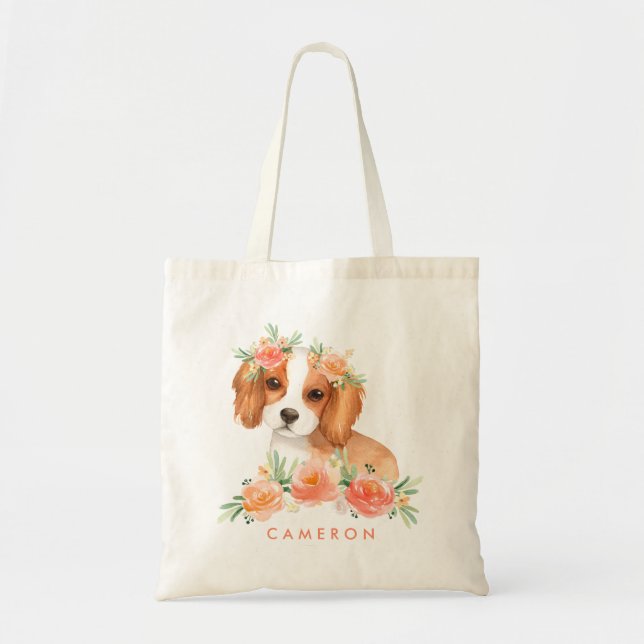 Cute Cavalier Kung Charles Spain Orange Flowers Tygkasse (Framsidan)