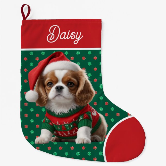Cute Cavalier Kung Charles Sweater Personlig Stor Julstrumpa (Framsidan)