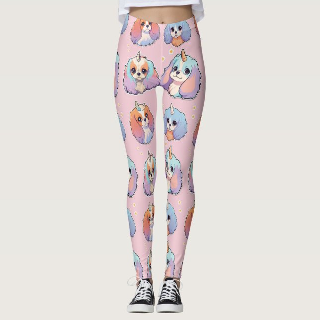 Cute Cavalier Kung Charles Unicorn Pastel Mönster Leggings (Framsida)