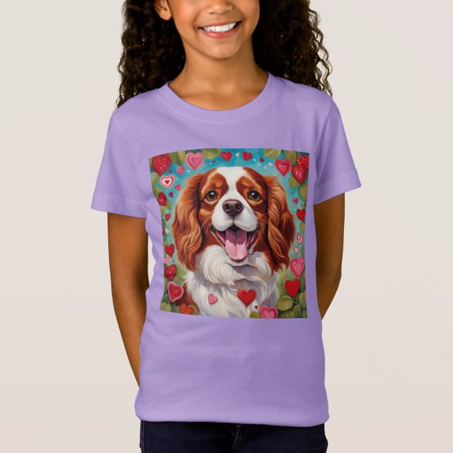 Cute Cavalier Puppy Heart Kids Girls T-Shirt (Framsida)