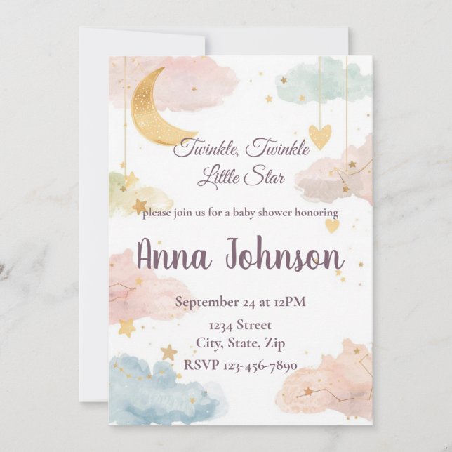 Cute Celestial Baby Shower Invitation | Watercolor Inbjudningar (Framsida)