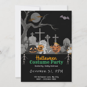 Cute Cemetery med Spöken Mummy Black Halloween Inbjudningar