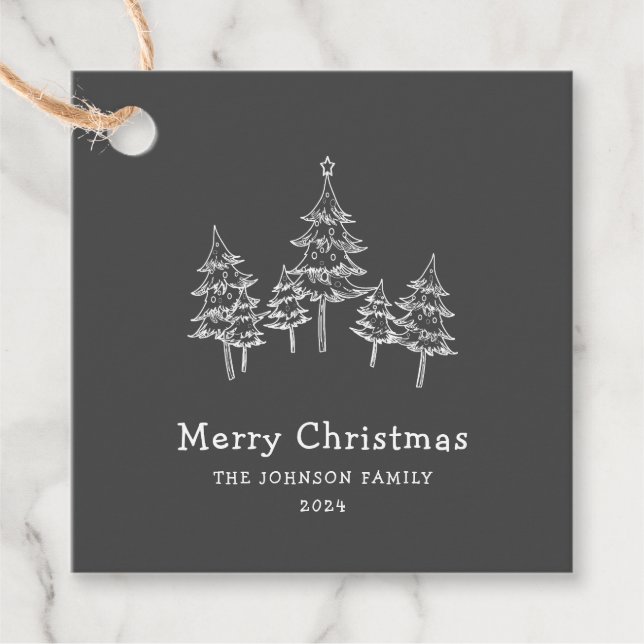 Cute Chalk Julgranar Black White Gåvor Etiketter (Framsida)