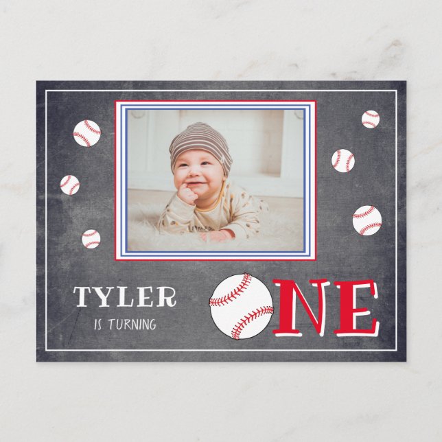 Cute Chalkboard Baseball Photo 1st Birth Inbjudan Vykort (Framsida)