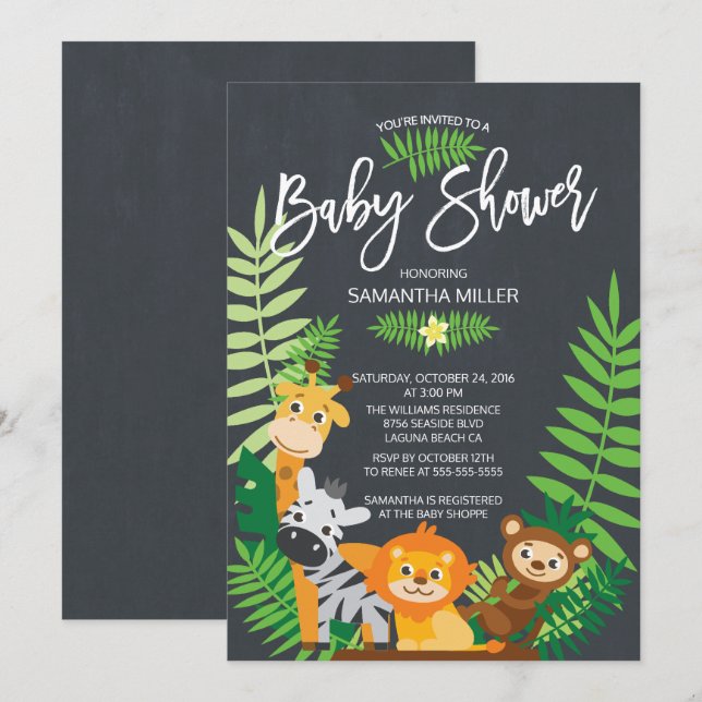 Cute Chalkboard Jungle Safari Baby Shower Inbjudningar (Fram/baksida)