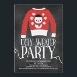 Cute Chalkboard Ugly Sweater Julfest Inbjudningar<br><div class="desc">Modern chalkboard Tacky ful sweater-fest med en röd svettare med vitt snöflingor och snögubbe med handskriven typografi i texturerat vitt.</div>