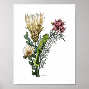Cute Chameleon i Protea Blommigt Bouquet Botanical Poster