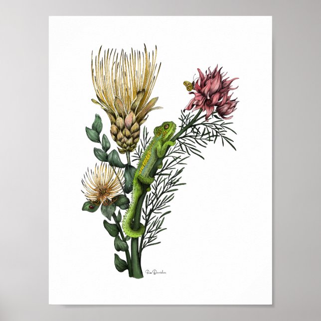 Cute Chameleon i Protea Blommigt Bouquet Botanical Poster (Framsidan)