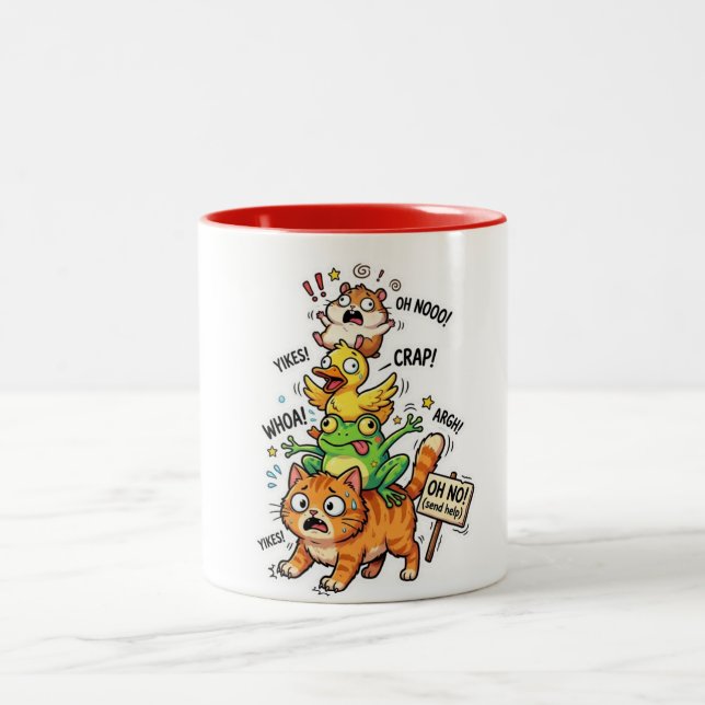 Cute Chaotic Animal Stack Meme – Available on Tees Två-Tonad Mugg (Center)