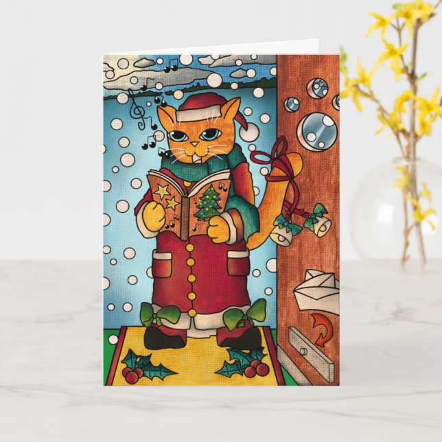 Cute Charming jul Sång Singer Cat Kort (Gul blomma)