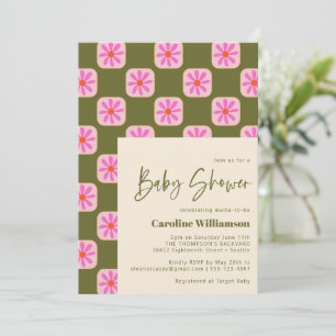 Cute Checkerboard Flower Grönt Rosa Baby Shower Inbjudningar
