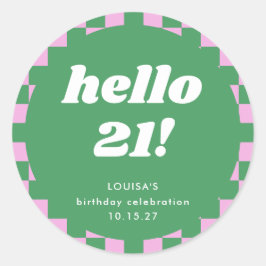 Cute Checkerboard Rosa Grönt 21:a födelsedag Anpas Runt Klistermärke