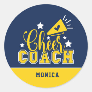 Cute Cheer Coach Personlig Royal Blue och Gult Runt Klistermärke