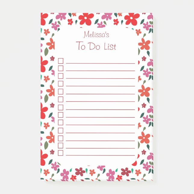 Cute Cheerful Blommigt to Do List Namn Post-it Block (Framsida)