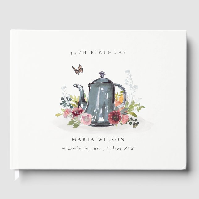 Cute Cheerful Ro Blommigt Tekanna vid alla åldrar Gästböcker (Framsida)