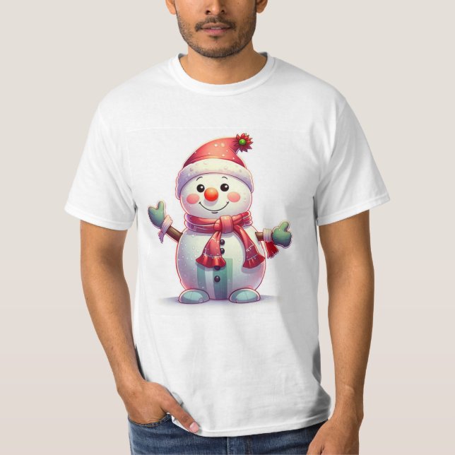 Cute Cheerful Snowman Wearing Santa Hat and Scarf T Shirt (Framsida)