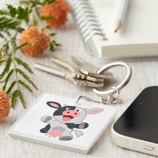 Cute Cheerful Tecknad Cow Acrylic Keychain (Högra Framsidan)