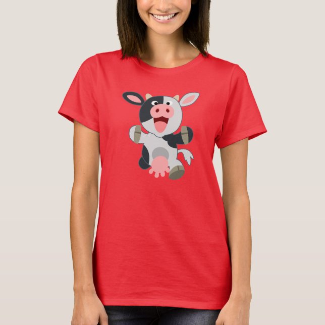 Cute Cheerful Tecknad Cow Women T-shirt (Framsida)