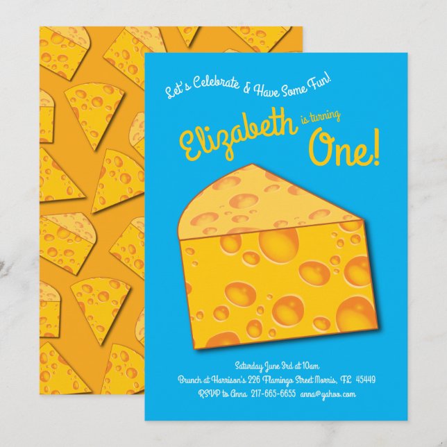 Cute Cheese Wedge Kids 1st Birthday Party Inbjudningar (Fram/baksida)