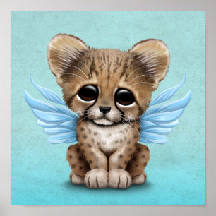 Cute Cheetah Unge med Fairy Vingar på Blue Poster