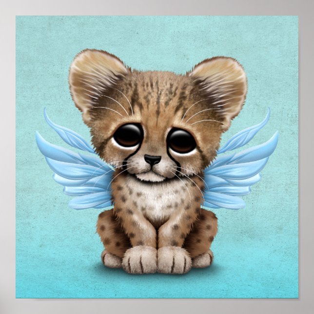 Cute Cheetah Unge med Fairy Vingar på Blue Poster (Framsidan)