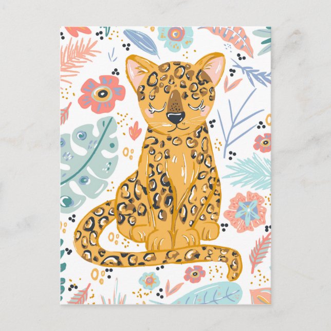 Cute Cheetah Unge och Blommigt Vykort (Framsida)