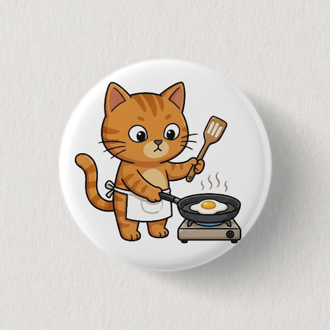 Cute Chef Cat Frying Egg Button Knapp (Framsida)