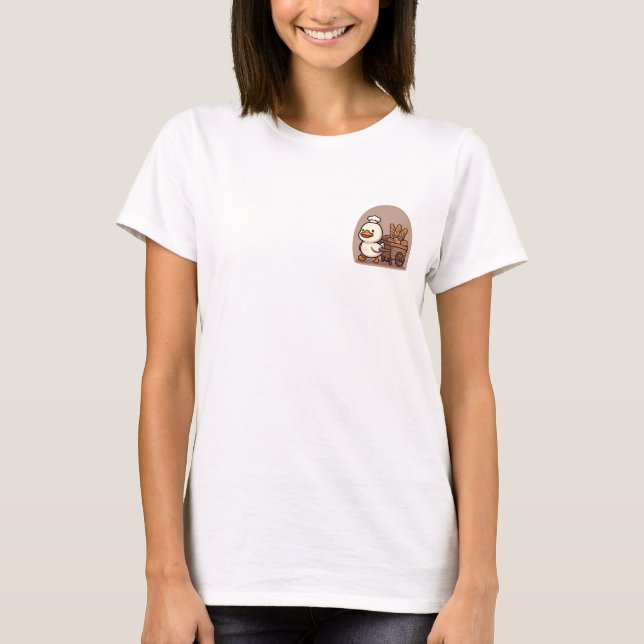 Cute Chef Duck Pulling Wooden Bread Cart Illustrat T Shirt (Framsida)
