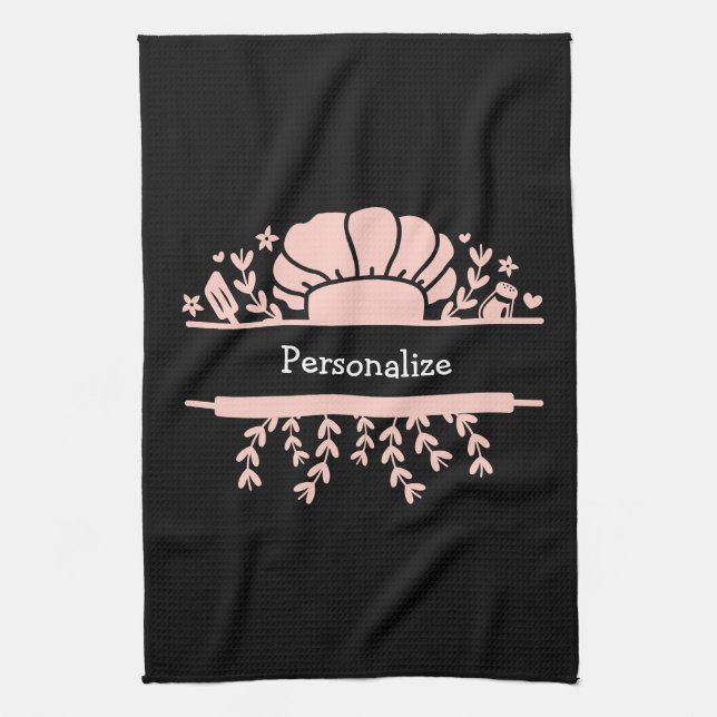 Cute Chef Hat Rolling Pin Baker Rosa Black Kökshandduk (Vertikal)