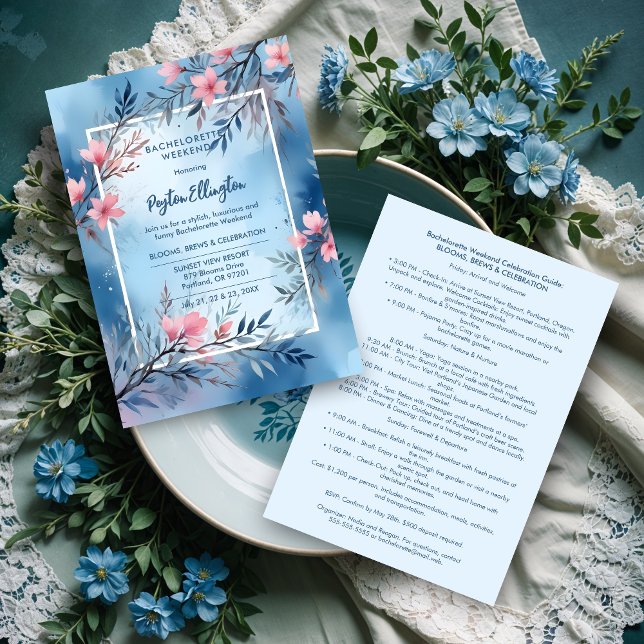 Cute Cherish Blue & Pink Shades Blooms & Branches  Inbjudningar (Cute Cherish Blue & Pink Shades Blooms & Branches Bachelorette Weekend Invitations Cards. )