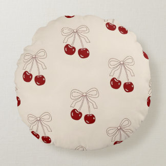 Cute Cherries & Bow Round Pillow - Girly Aesthetic Rund Kudde