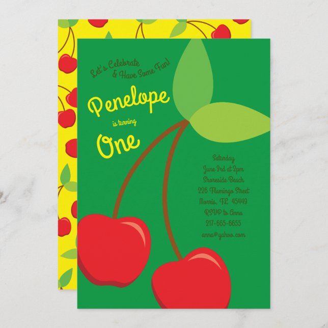 Cute Cherries Kids 1:a födelsedagskörningen i Part Inbjudningar (Fram/baksida)