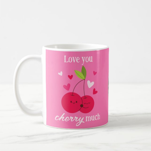 Cute Cherries Love Hearts Photo Valentines Pink Kaffemugg (Vänster)