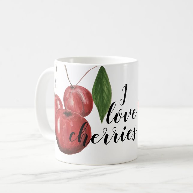 Cute Cherries Watercolor Hand-målat Monogrammed Kaffemugg (Framsida vänster)