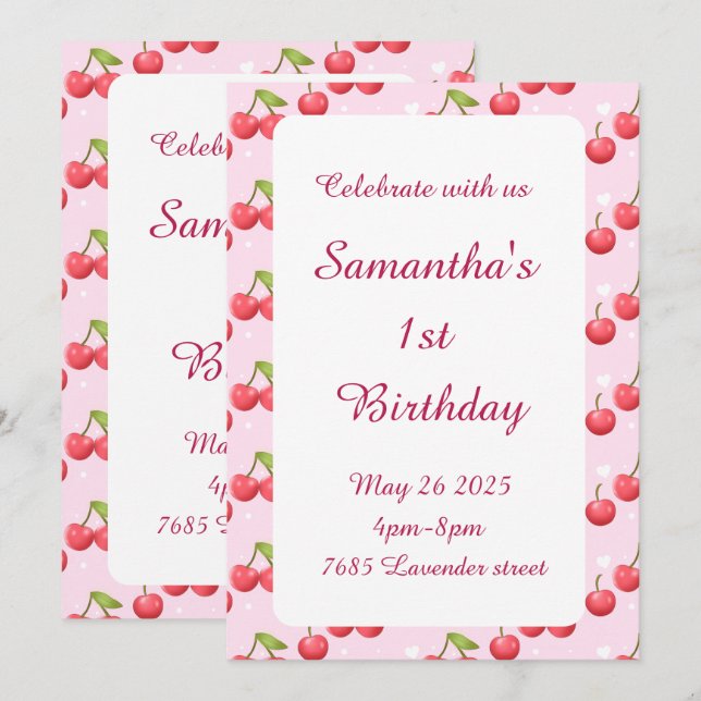 Cute Cherry 1:a födelsedagsinbjudan Inbjudningar (Fram/baksida)